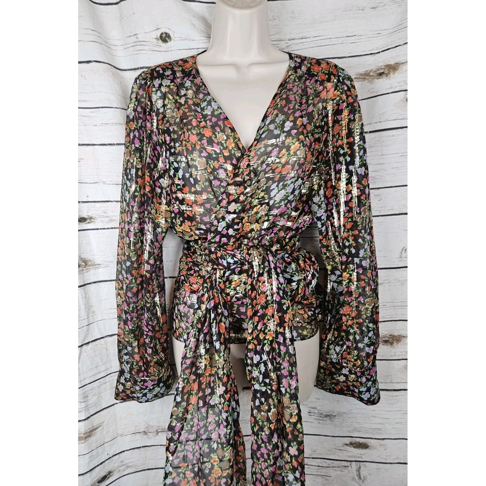 Ba&Sh Flaure Floral Silk Metallic Wrap Top L Black Long Sleeves Womens